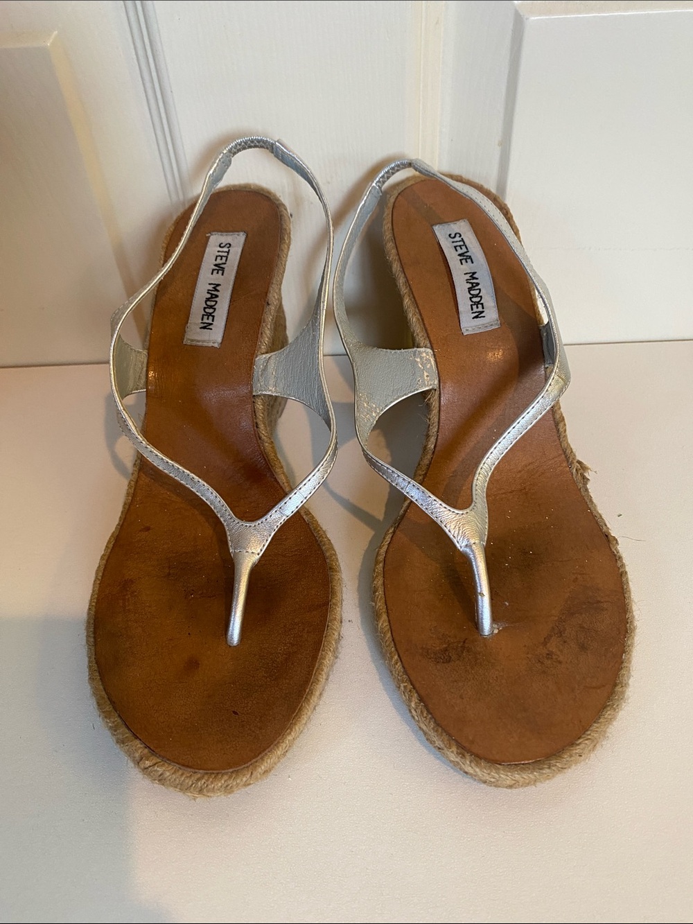 Steve Madden Silver Metallic Thong Espadrille Sandals